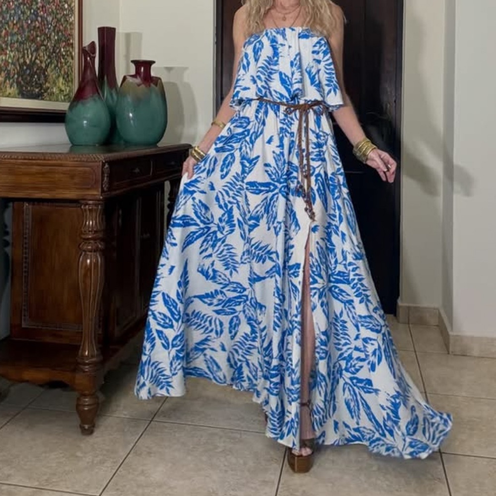 Aakaa Blue and White Strapless Leaf-Print Maxi Dress